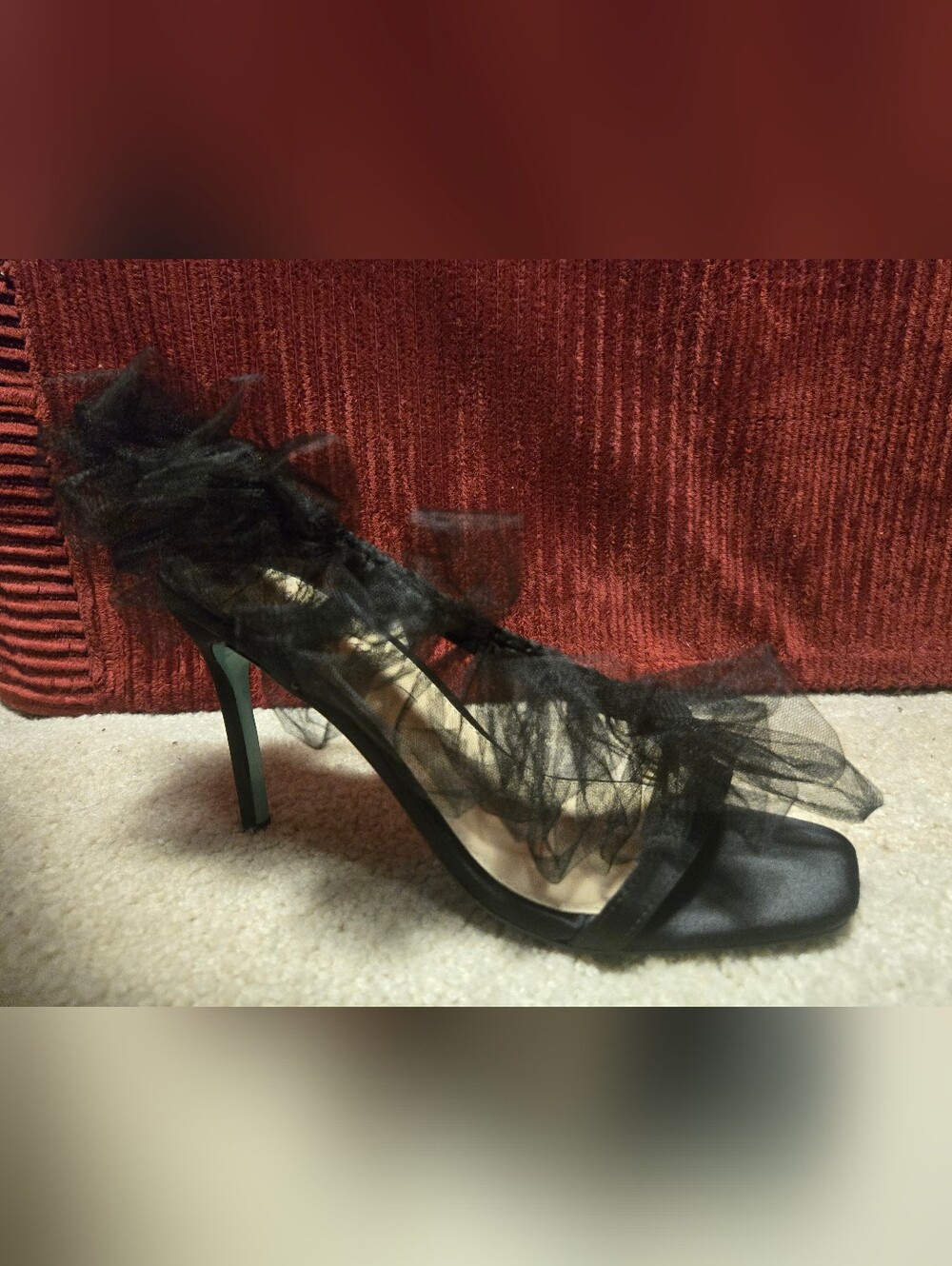 Betsey Johnson NWOB black size 7 Satin Ruffled Tulle High Heels